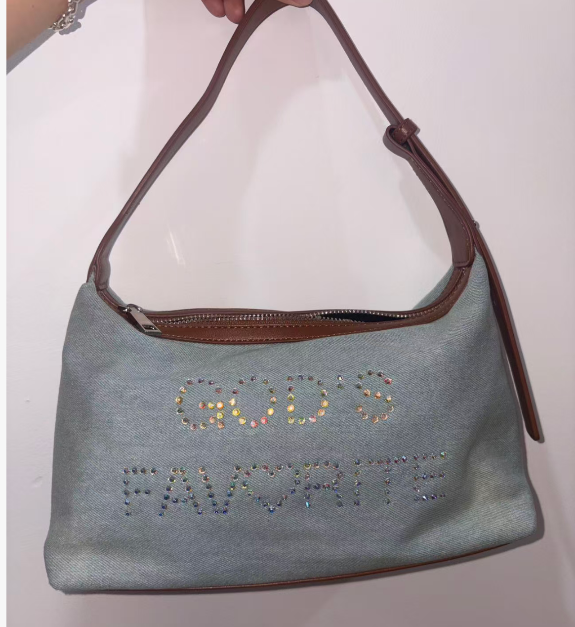 GOD'S FAVOURITE Rhinestone Denim Shoulder Bag